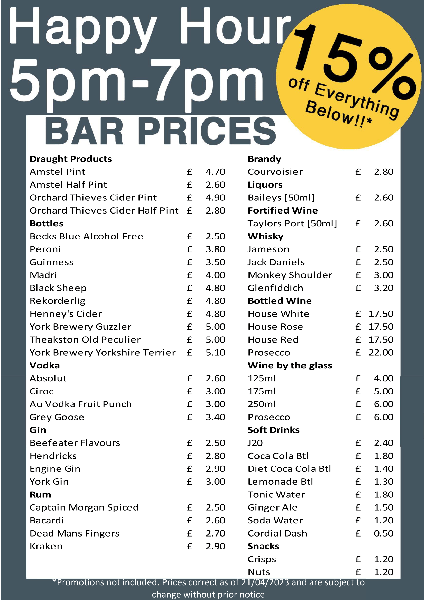 B+B York Bar Drinks Menu