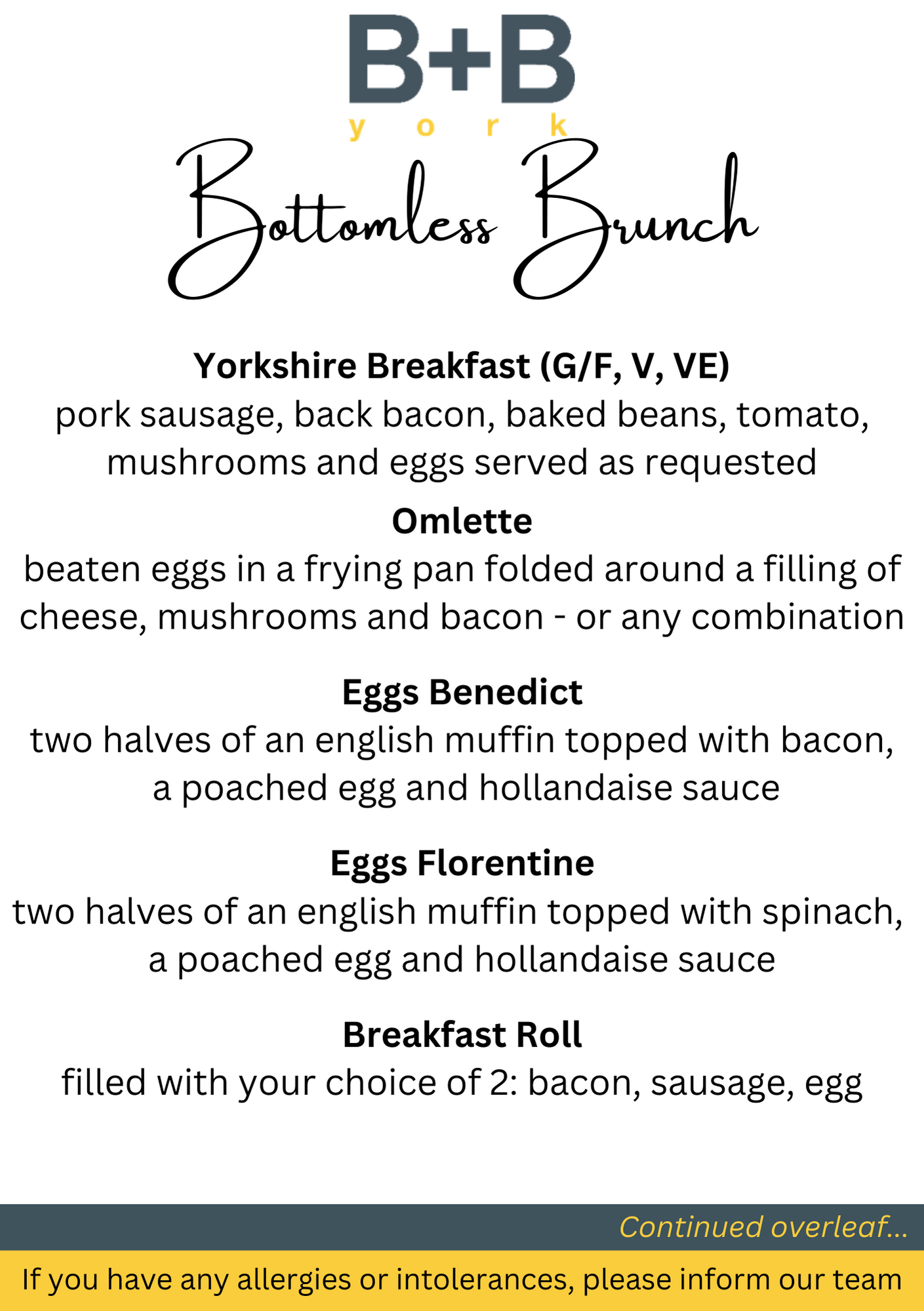 Bottomless Brunch at B+B York Menu