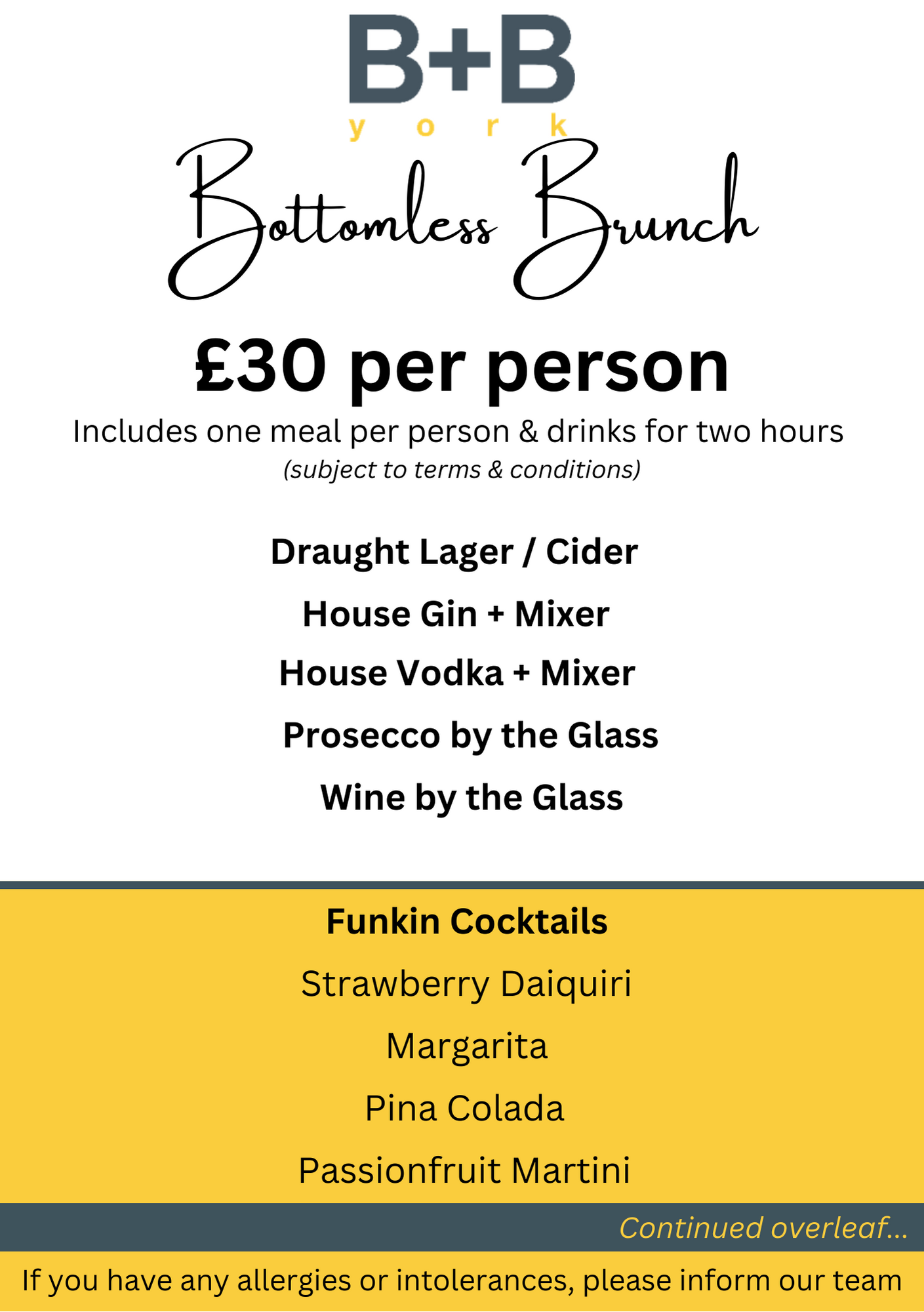 Bottomless Brunch at B+B York Menu